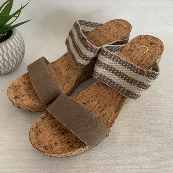 C established 1946 Tan/Stripe Fabric Stride Cork Wedges Slide Sandals Women’s 10 - Picture 6 of 11